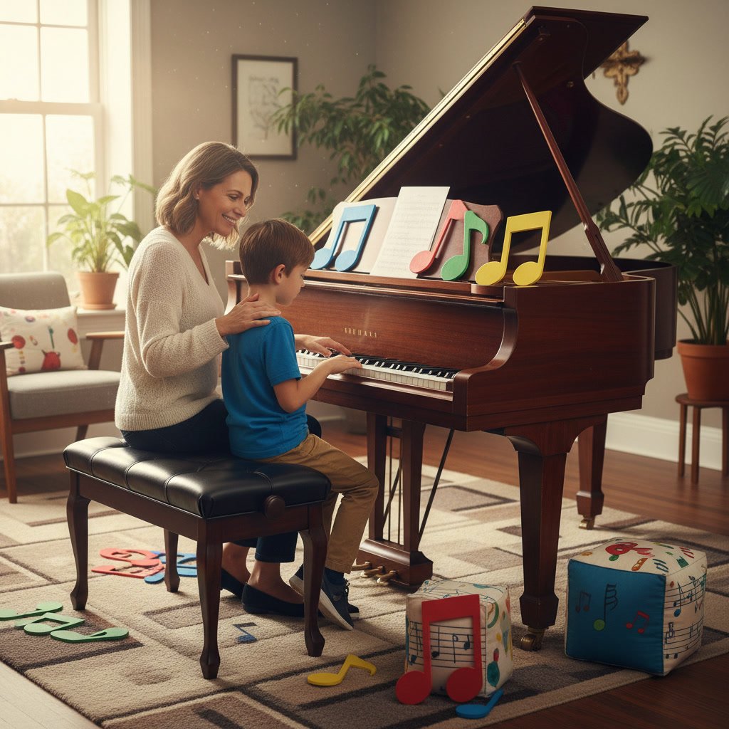 Beginner piano student learning proper hand position and posture at the keyboard