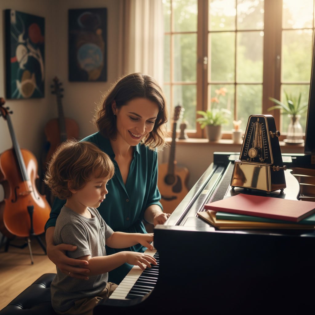 Young child showing interest in piano keyboard with proper hand positioning