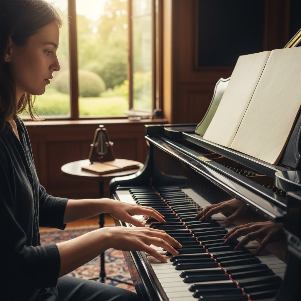 Piano student reviewing practice goals and sheet music