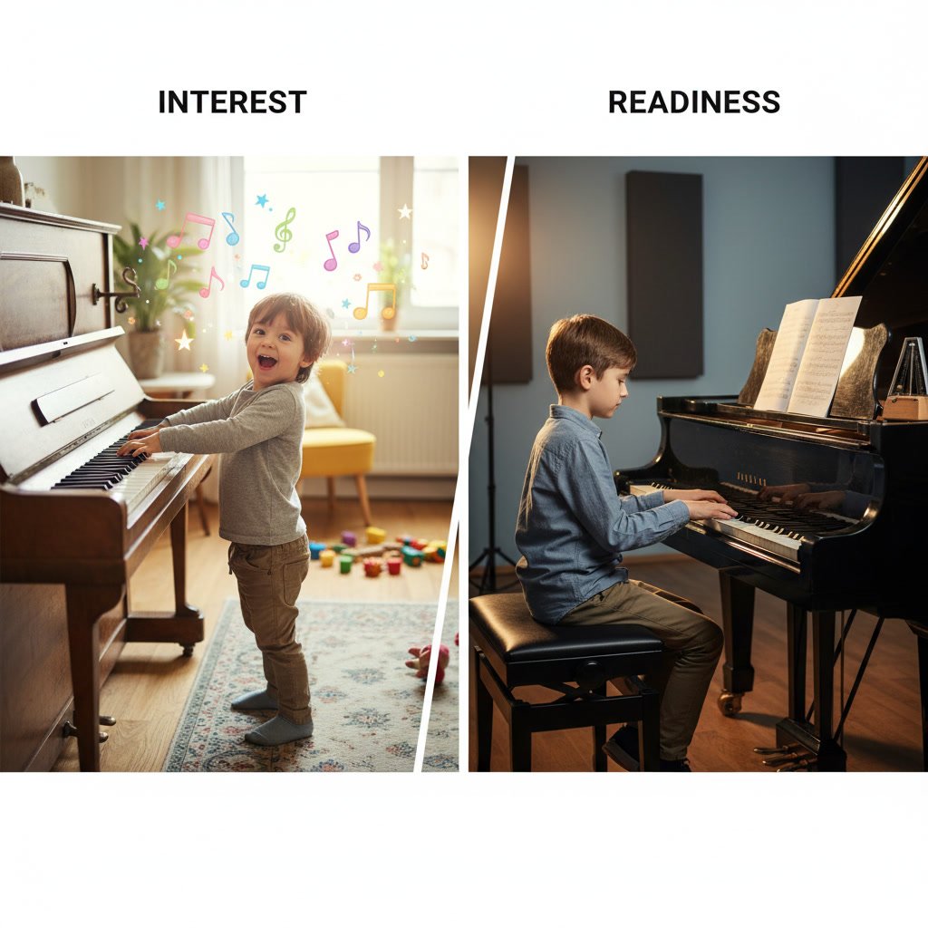 Parent and child discussing music together at piano