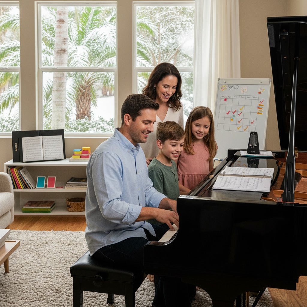 Piano student practicing with sheet music showing progress in weekly lessons