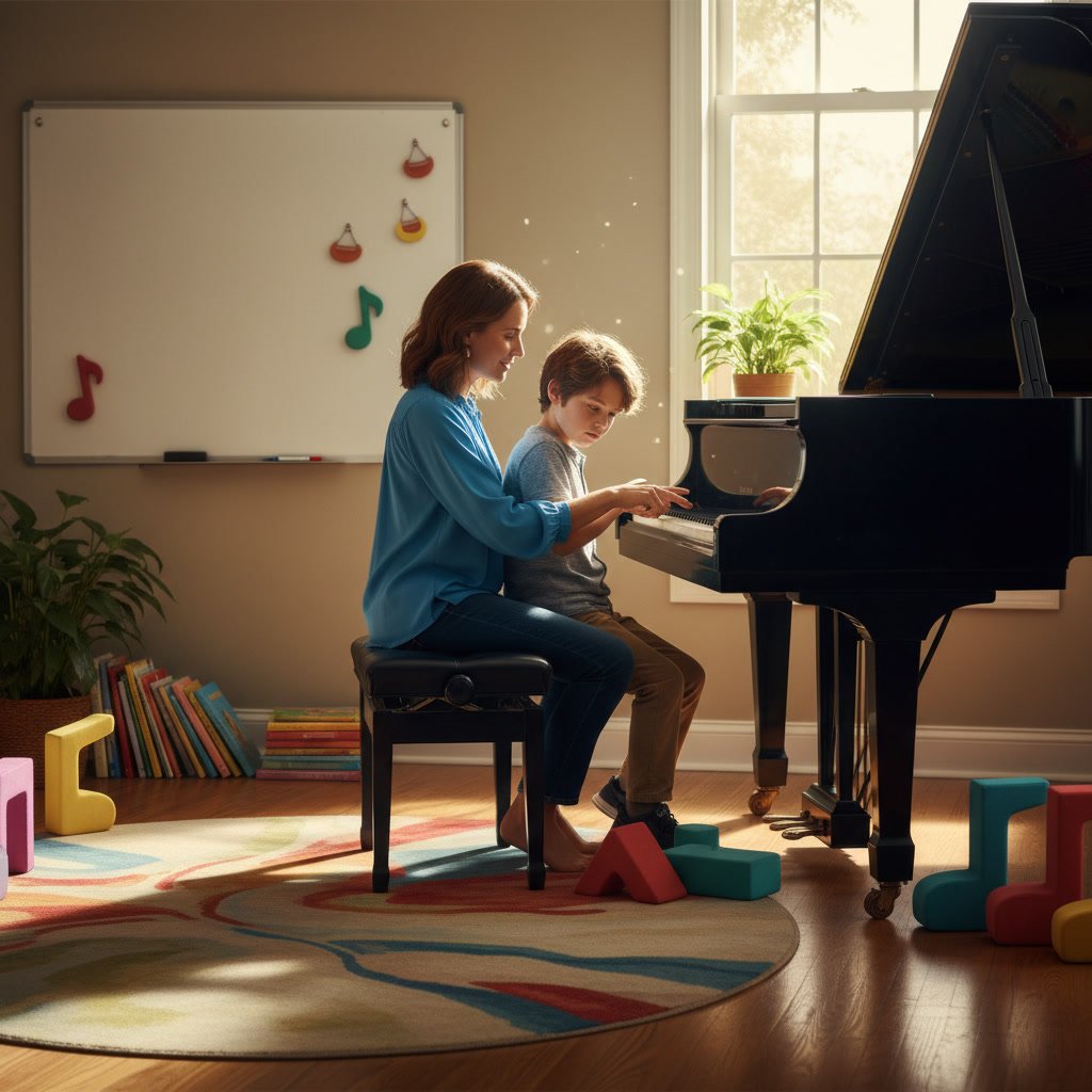 Piano student practicing hand independence exercises with both hands on the keyboard