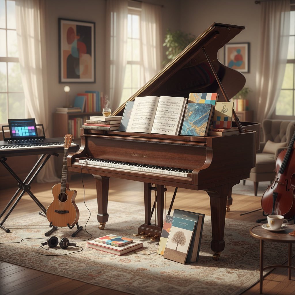Piano keys and sheet music representing consistent weekly practice schedule