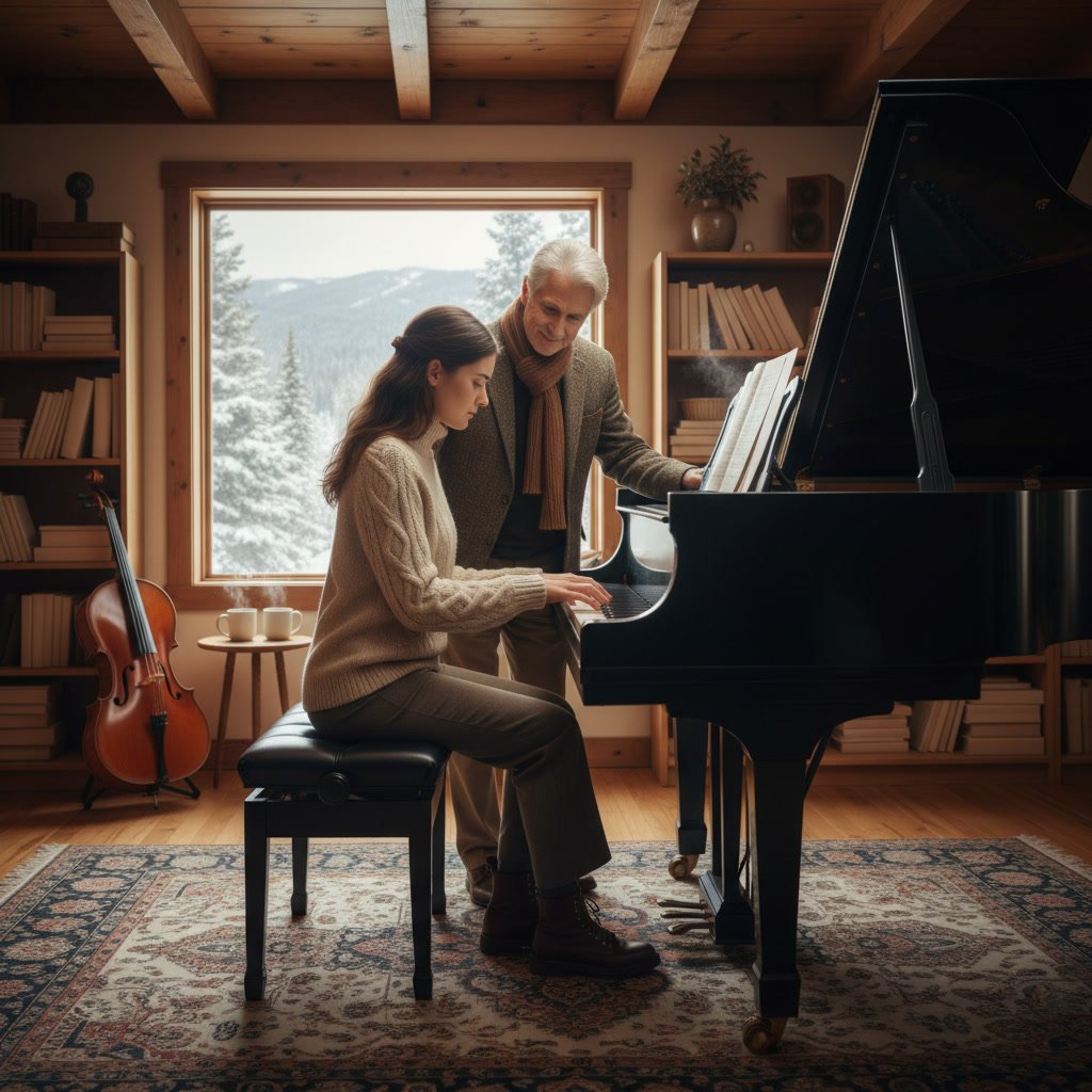 Piano instructor providing technique feedback to student
