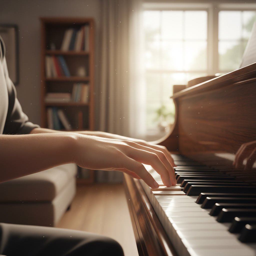 Close-up of correct hand position and finger placement on piano keys