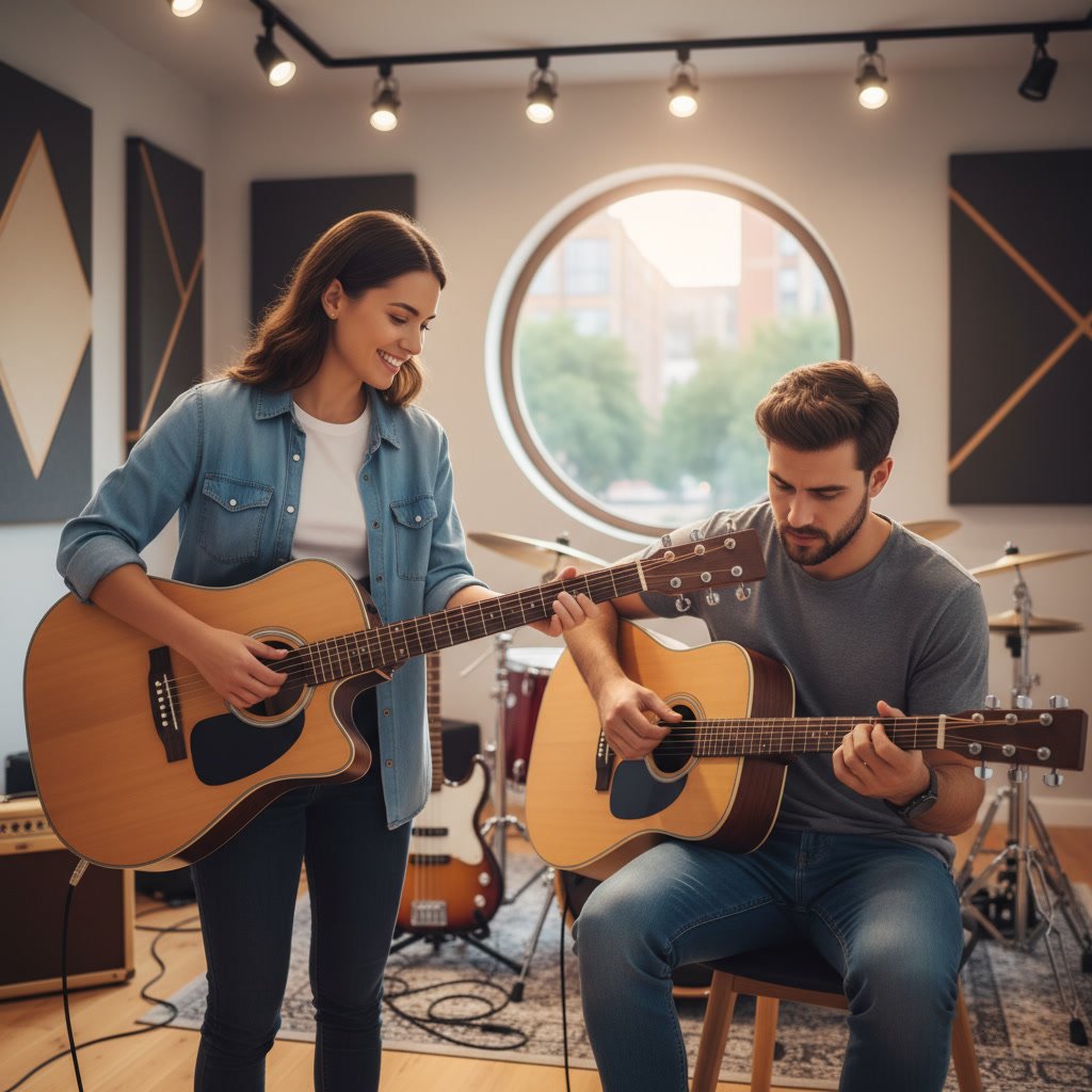 Beginner learning proper guitar hand positioning during first lesson