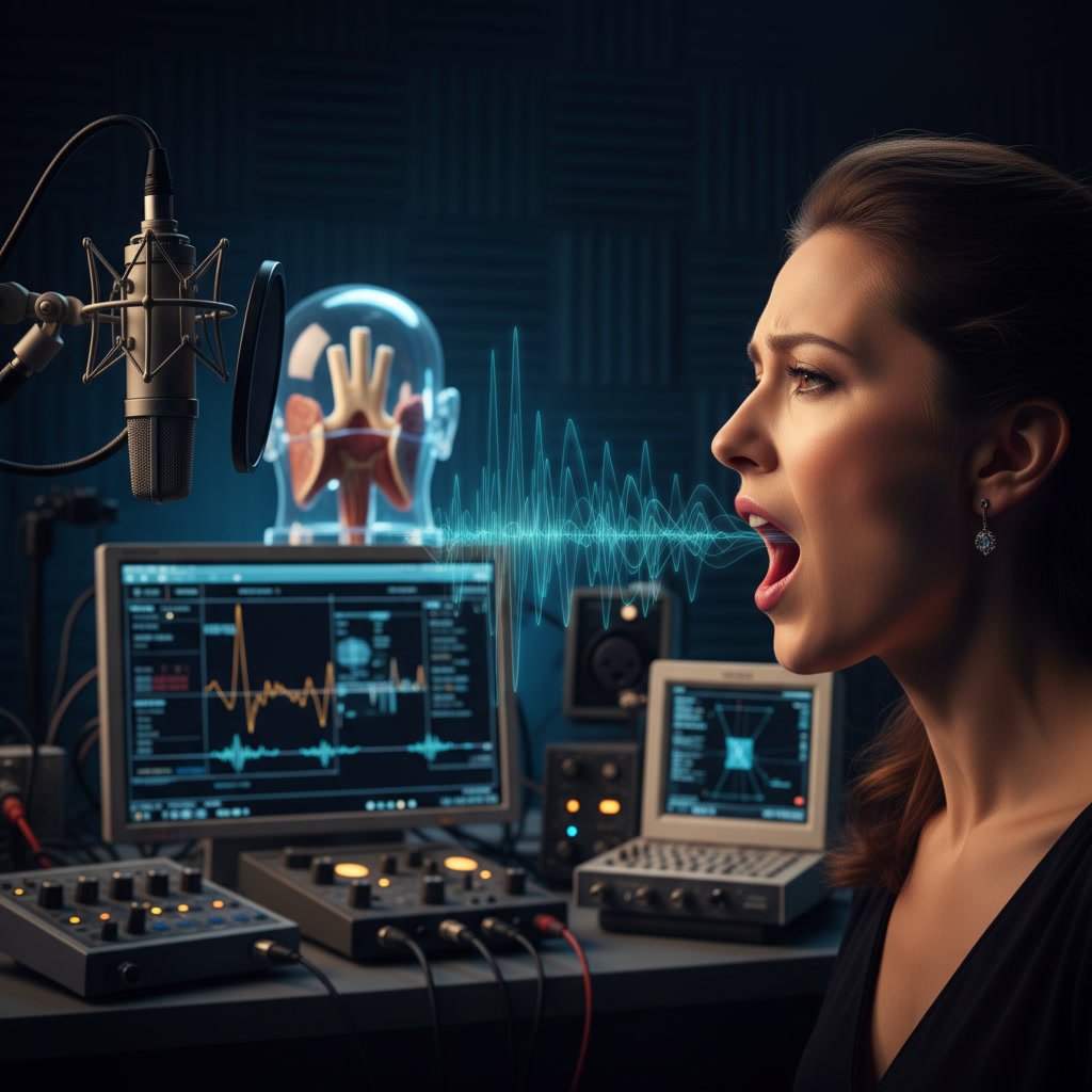 Voice teacher demonstrating proper breathing technique and posture for pitch control