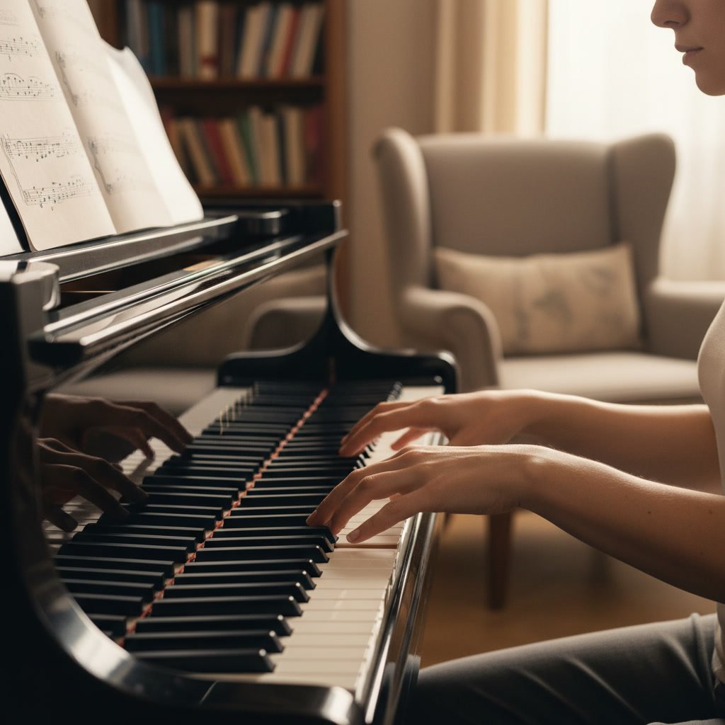 Close-up of proper piano hand position and finger curve during assessment