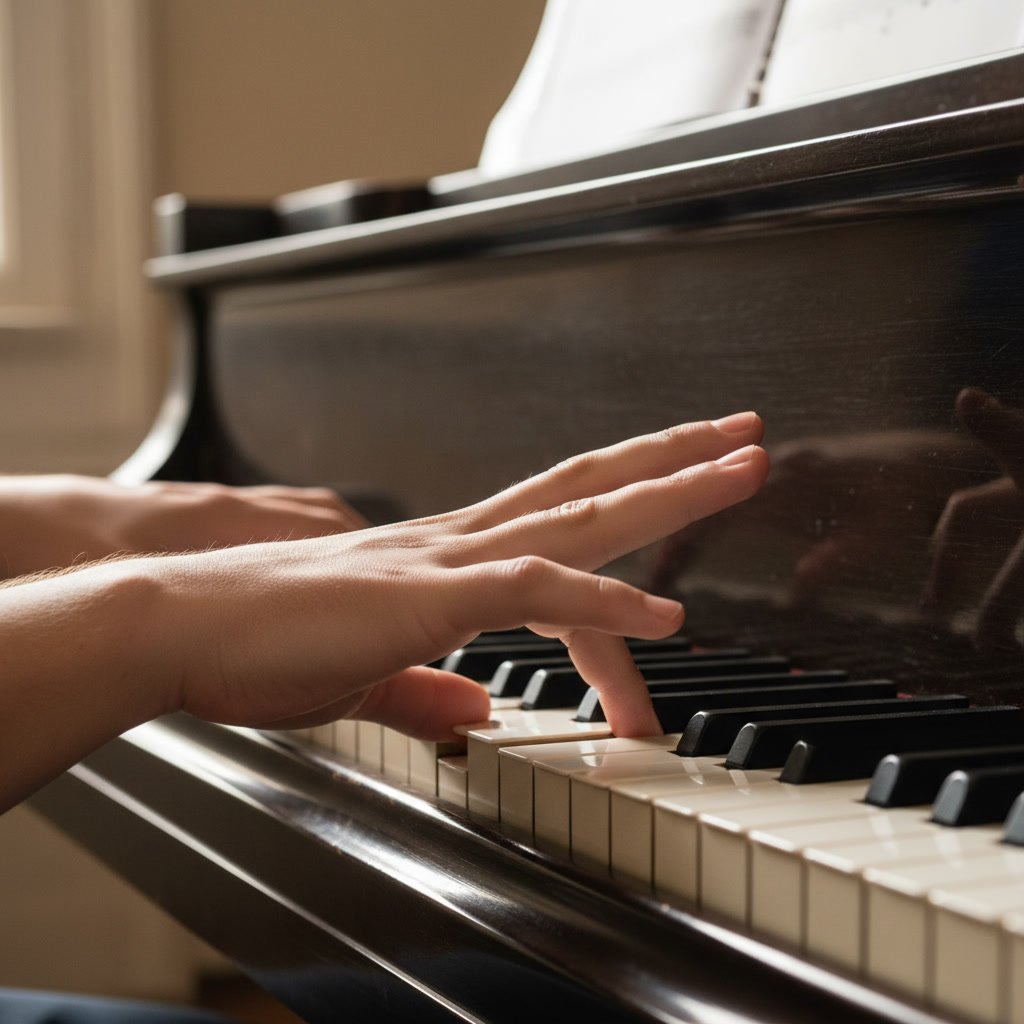 Student learning proper piano fingering with curved fingers