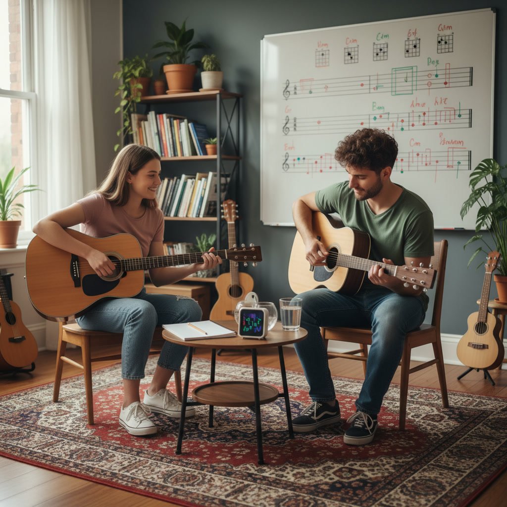 Guitar student practicing chord transitions with instructor guidance