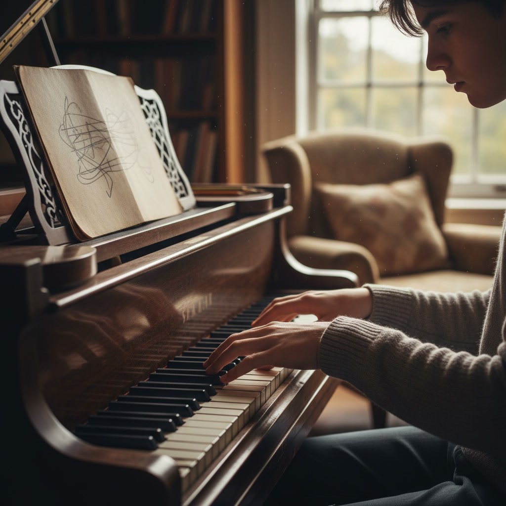 Piano teacher demonstrating correct finger positioning during lesson