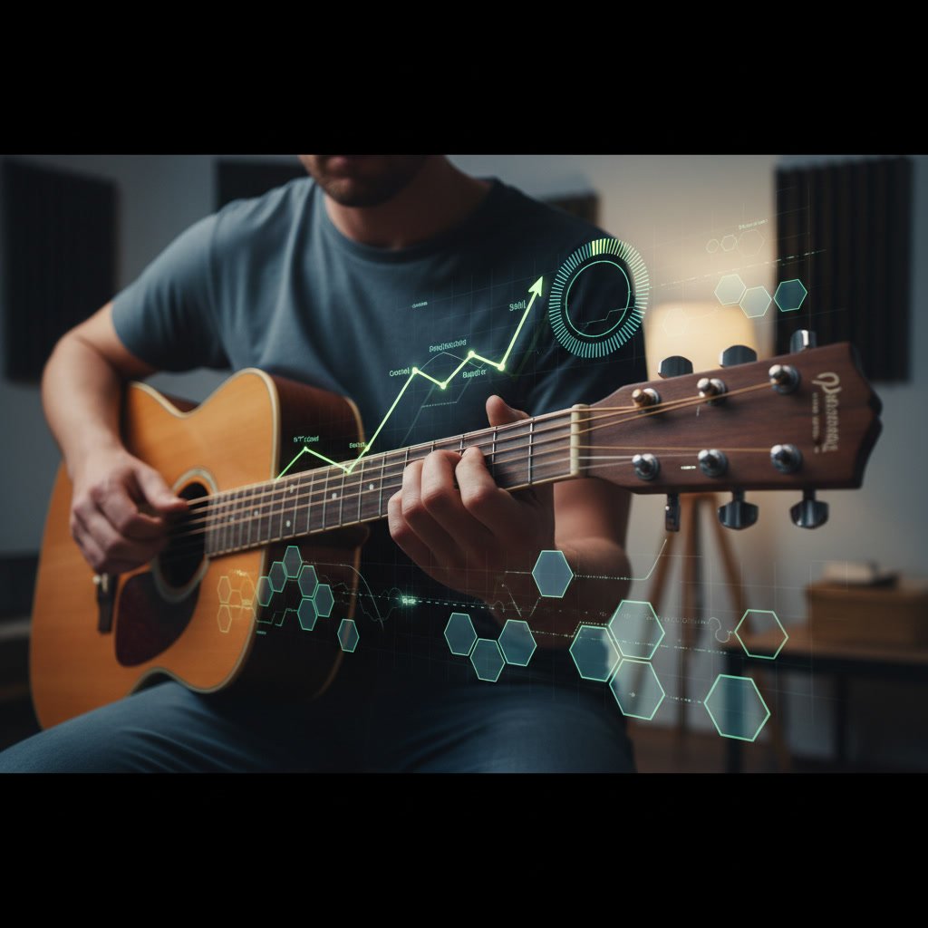 Beginner guitarist playing first song with proper technique